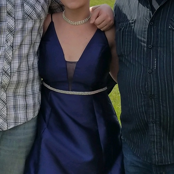 Navy blue satin v- neck prom dress - Picture 2 of 2